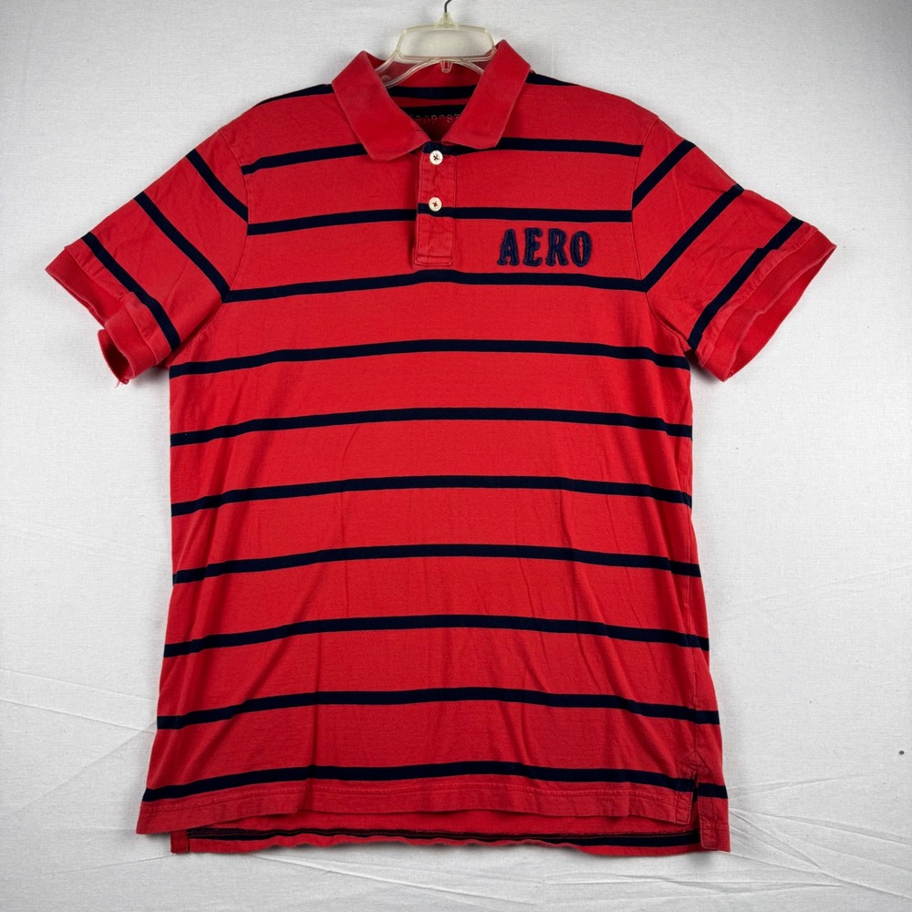 Aeropostale Mens XL Red Navy Blue Striped Short Sleeve AERO Logo Polo Shirt
